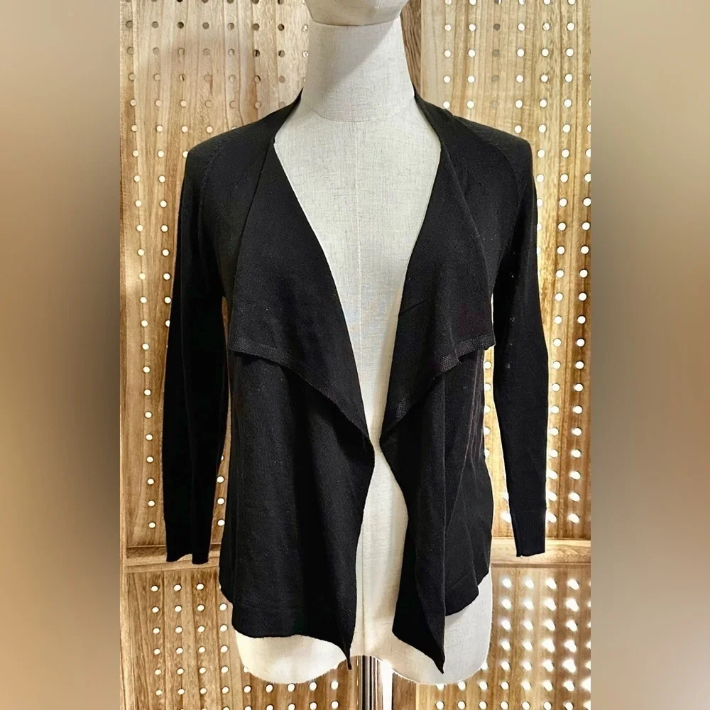 Worthington Black Waterfall Open Cardigan Lightweight Asymmetric 3/4 Sleeve
